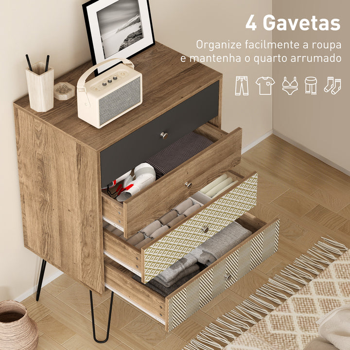 Cómoda 4 Gavetas Cómoda para Quarto com Pés em Forma de V de Aço Cómoda para Sala de Estar Escritório Estilo Boémio 60x39x86 cm Multicor