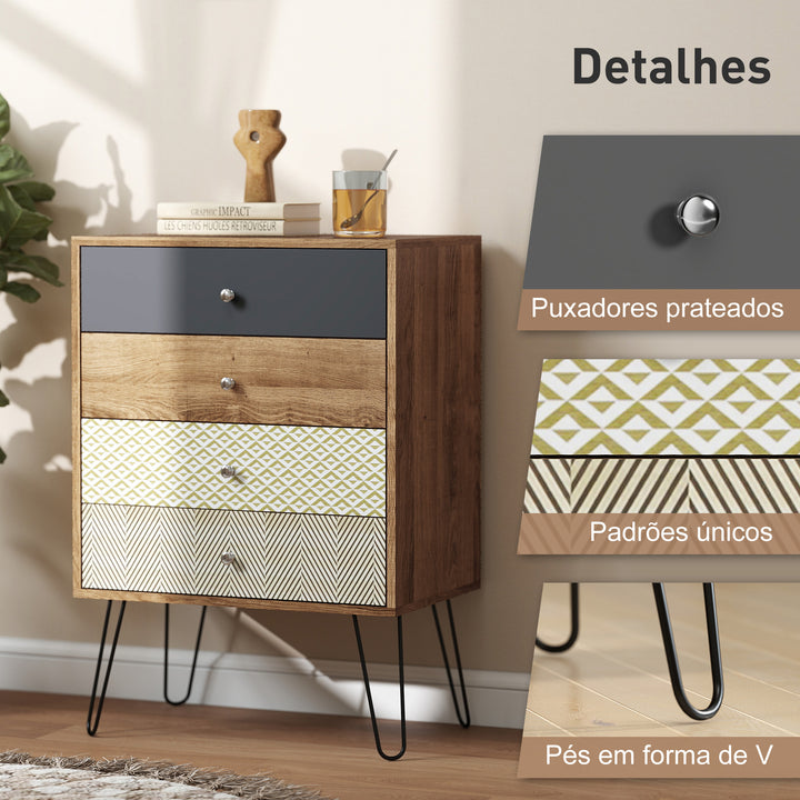 Cómoda 4 Gavetas Cómoda para Quarto com Pés em Forma de V de Aço Cómoda para Sala de Estar Escritório Estilo Boémio 60x39x86 cm Multicor