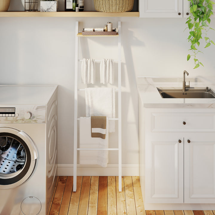 Toalheiro de Escada com Prateleira Superior e 4 Barras Suporte de Toalhas para Encostar na Parede Prateleira Inclinada para Quarto Sala de Estar 43x20x151 cm Branco e Carvalho