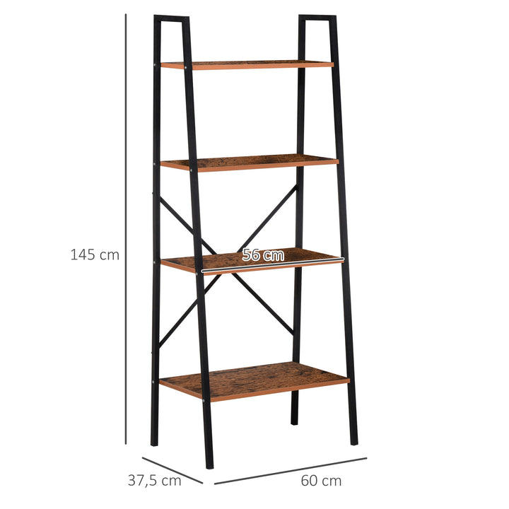 Prateleira de estante de escada industrial com 4 prateleiras escalonado 60x35x145cm aço e madeira