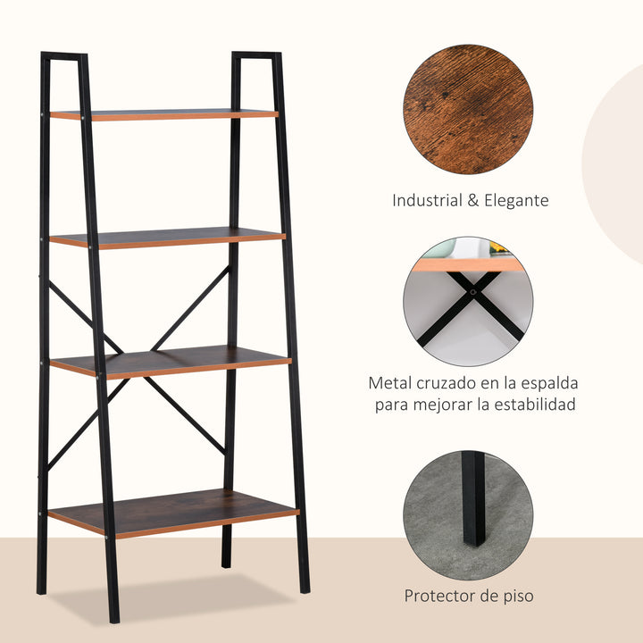 Prateleira de estante de escada industrial com 4 prateleiras escalonado 60x35x145cm aço e madeira