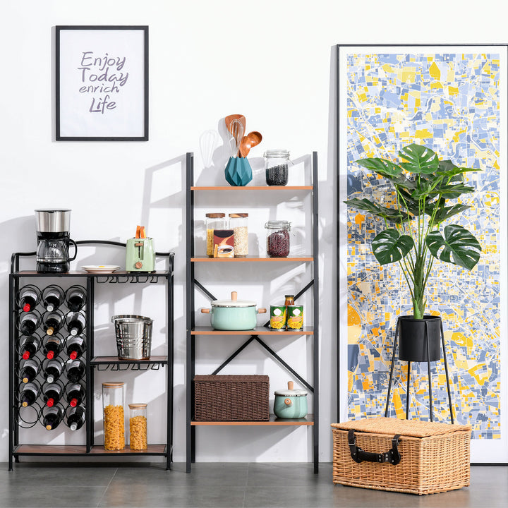 Prateleira de estante de escada industrial com 4 prateleiras escalonado 60x35x145cm aço e madeira