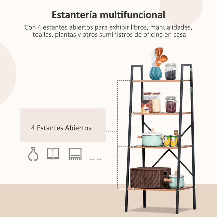 Prateleira de estante de escada industrial com 4 prateleiras escalonado 60x35x145cm aço e madeira