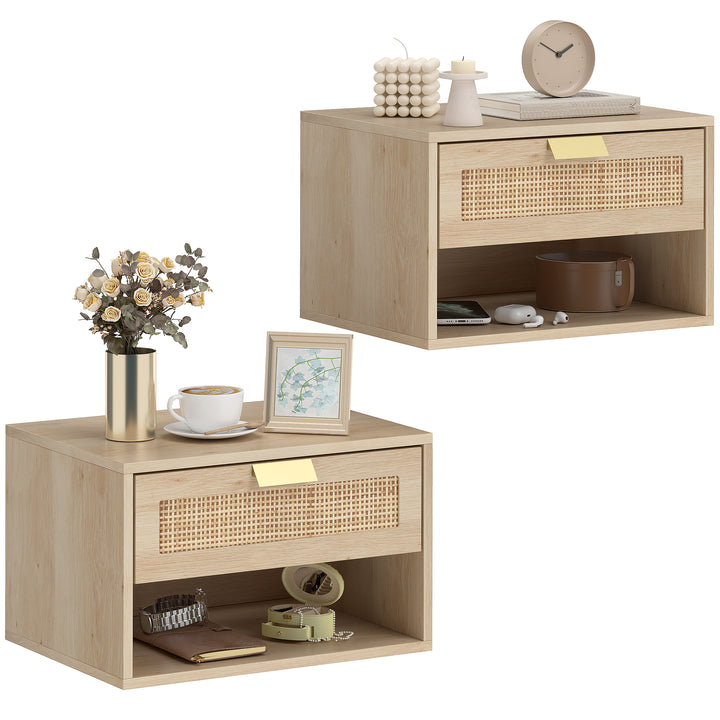 Conjunto de 2 Mesas de Cabeceira Suspensas Mesas de Cabeceira com Gaveta de Vime Prateleira Aberta Economiza Espaço Design Nórdico para Sala de Estar 40x30x25 cm Carvalho