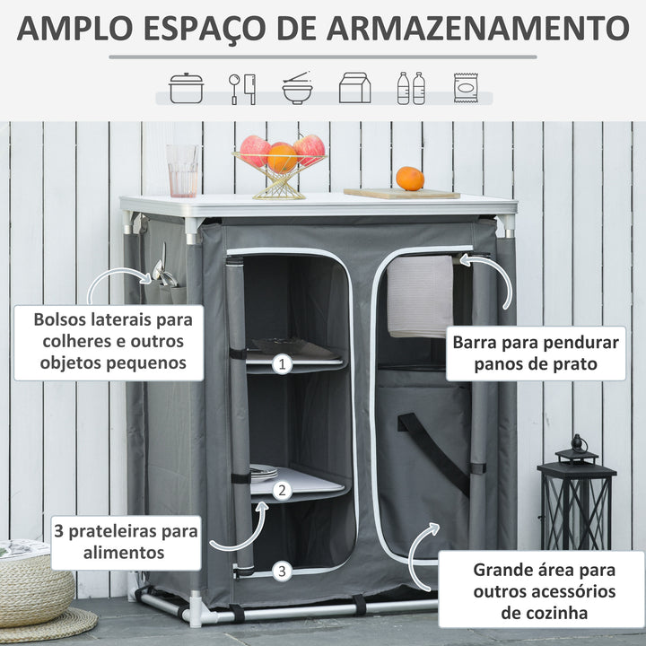 Armário de Campismo Dobrável Móvel de Cozinha para Camping com 3 Prateleiras Compartimento com Porta de Fecho Estrutura de Alumínio e Bolsa de Transporte para Exterior 96x49,5x104 cm Cinza