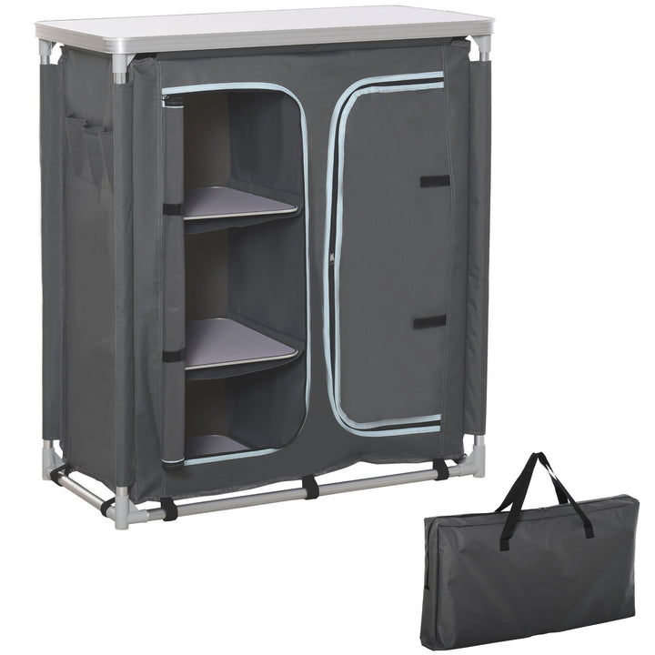 Armário de Campismo Dobrável Móvel de Cozinha para Camping com 3 Prateleiras Compartimento com Porta de Fecho Estrutura de Alumínio e Bolsa de Transporte para Exterior 96x49,5x104 cm Cinza