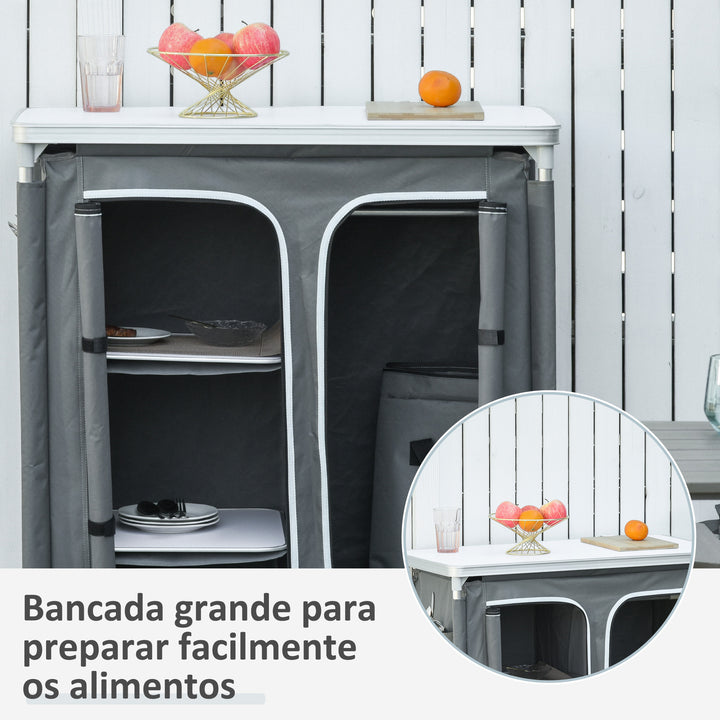 Armário de Campismo Dobrável Móvel de Cozinha para Camping com 3 Prateleiras Compartimento com Porta de Fecho Estrutura de Alumínio e Bolsa de Transporte para Exterior 96x49,5x104 cm Cinza