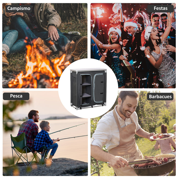 Armário de Campismo Dobrável Móvel de Cozinha para Camping com 3 Prateleiras Compartimento com Porta de Fecho Estrutura de Alumínio e Bolsa de Transporte para Exterior 96x49,5x104 cm Cinza