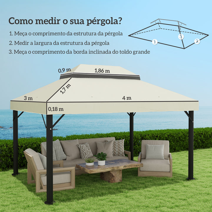 Toldo de Substituição para Pérgola 4x3 m Toldo para Pérgola com Teto Duplo Mosqueteira Proteção UV 30+ Toldo de Substituição para Pérgula Creme