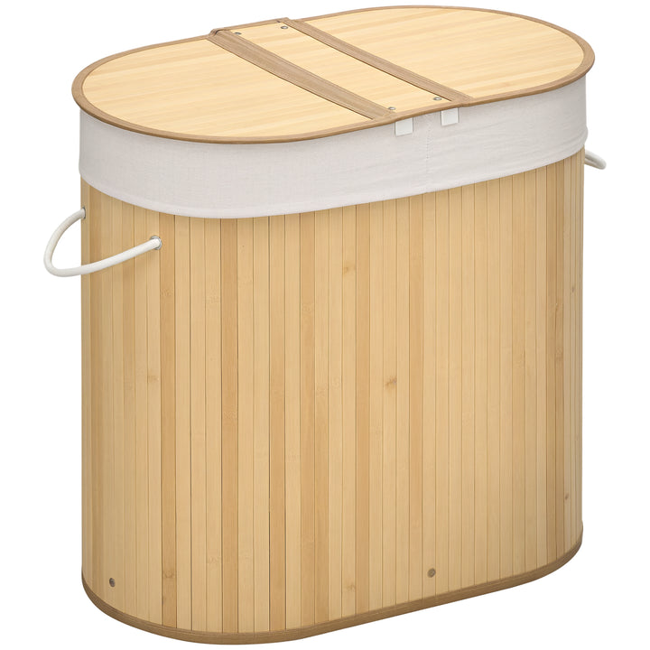 Cesto de Roupa Suja com Tampa 100L Cesto de Bambu com 2 Compartimentos Forro Interior Removível e Lavável Alças para Lavandaria Quarto 62,5x37x60,5 cm Madeira