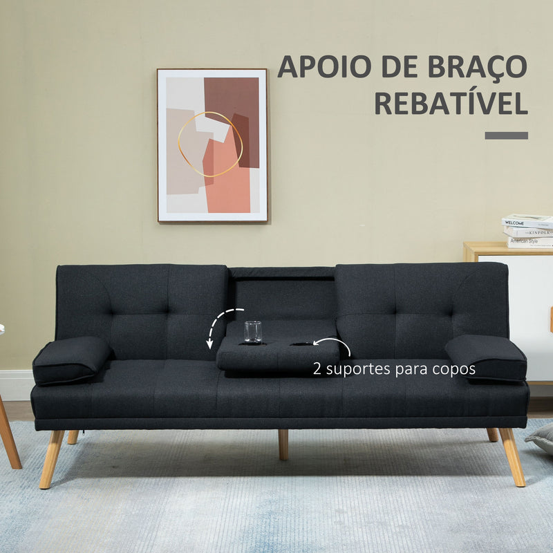 Sofá Cama 3 Lugares Sofá Cama Dobrável com Encosto Ajustável de 3 Níveis Apoio para os Braços Desmontável e 2 Suportes para Copos 181x77x78 cm Cinza