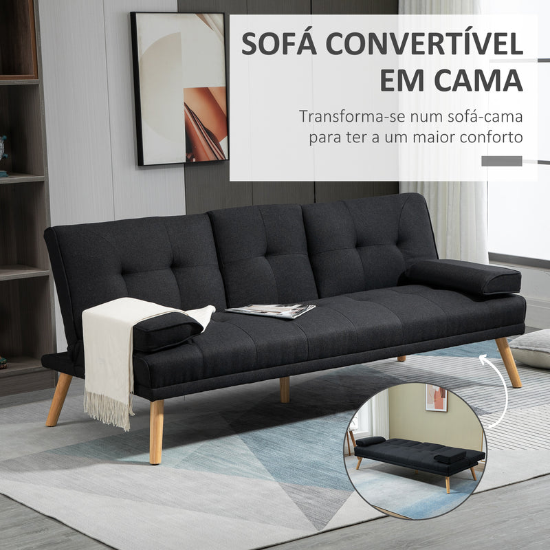 Sofá Cama 3 Lugares Sofá Cama Dobrável com Encosto Ajustável de 3 Níveis Apoio para os Braços Desmontável e 2 Suportes para Copos 181x77x78 cm Cinza