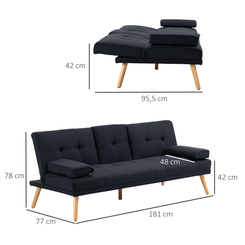 Sofá Cama 3 Lugares Sofá Cama Dobrável com Encosto Ajustável de 3 Níveis Apoio para os Braços Desmontável e 2 Suportes para Copos 181x77x78 cm Cinza