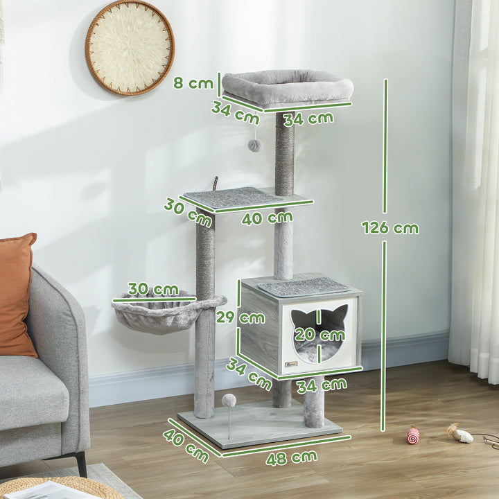 Arranhador para Gatos com Plataforma Altura 126 cm Torre de Escalar para Gatos com Rede Caverna Cama Postes de Sisal e Bolas de Brincar 48x40x126 cm Cinza
