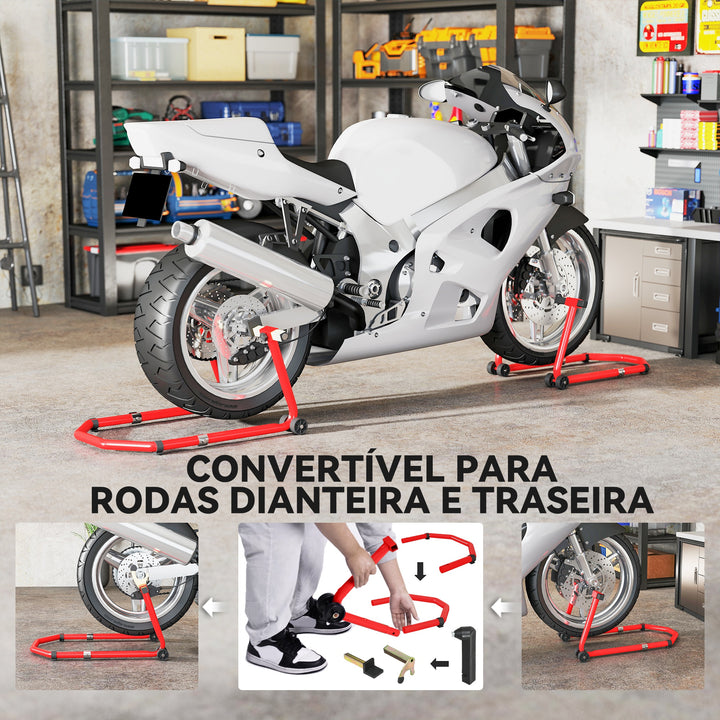 Suporte Roda Dianteira e Traseira para Mota Carga 390 kg Cavalete Moto Elevador Universal com Adaptadores de Garfos em U e L Ajustáveis e Rodas para Reparação Manutenção Vermelho