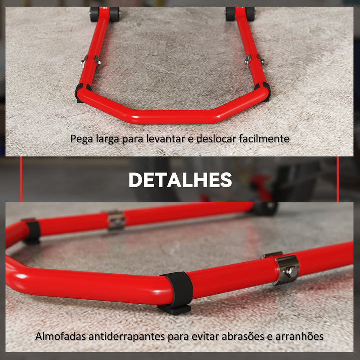 Suporte Roda Dianteira e Traseira para Mota Carga 390 kg Cavalete Moto Elevador Universal com Adaptadores de Garfos em U e L Ajustáveis e Rodas para Reparação Manutenção Vermelho