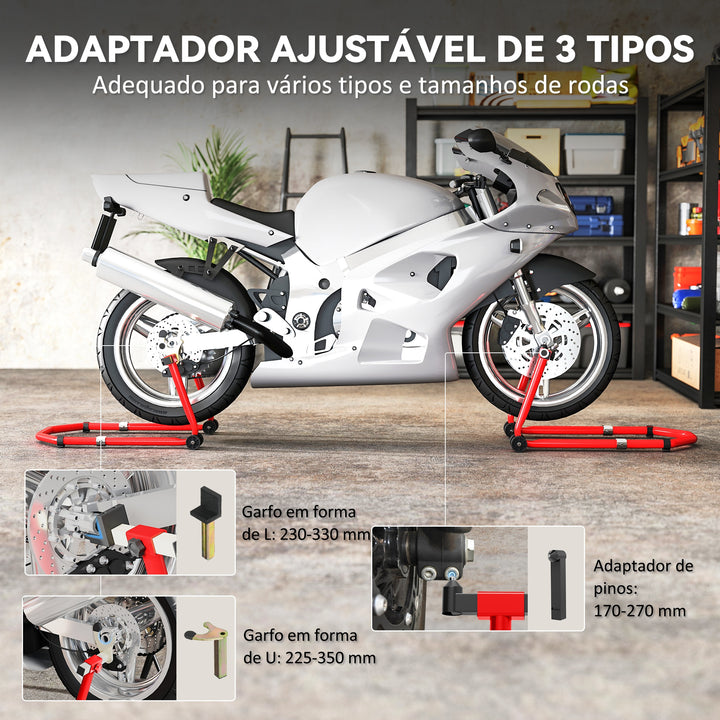 Suporte Roda Dianteira e Traseira para Mota Carga 390 kg Cavalete Moto Elevador Universal com Adaptadores de Garfos em U e L Ajustáveis e Rodas para Reparação Manutenção Vermelho