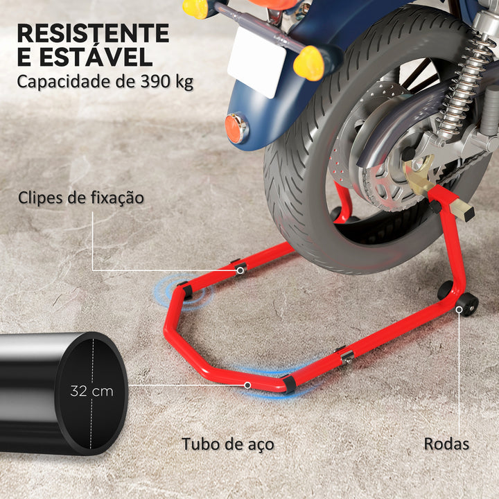 Suporte Roda Dianteira e Traseira para Mota Carga 390 kg Cavalete Moto Elevador Universal com Adaptadores de Garfos em U e L Ajustáveis e Rodas para Reparação Manutenção Vermelho