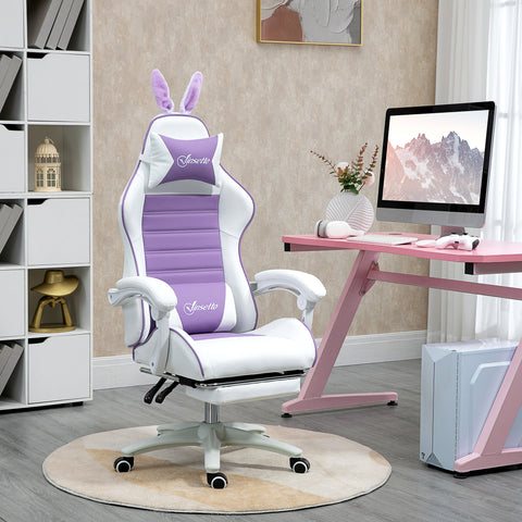 Cadeira Gaming Profissional Cadeira Gamer Giratória de Couro PU com Altura Ajustável Inclinável 135° Apoio para a Cabeça e Apoio para os Pés para Escritório 65x63x136-142 cm Branco e Roxo