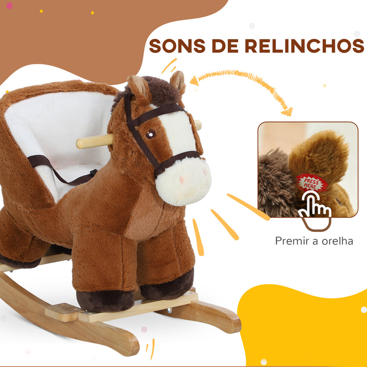 Cavalo Baloiço para Crianças de 18-36 Meses Cavalo Baloiço de Brincar com Sons Cinto de Segurança e Base de Madeira Carga 25 kg 68x33x45 cm Marrom