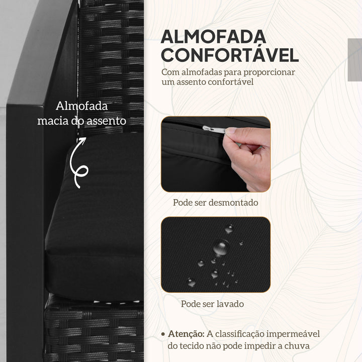 Conjunto de Móveis de Jardim de Vime 3 Peças com 1 Mesa 42,5x40x39 cm 2 Poltronas 63x57x76 cm Almofada Acolchoada para Pátio Varanda Preto