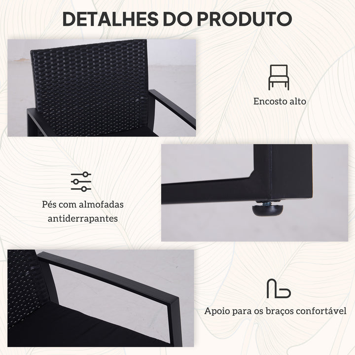 Conjunto de Móveis de Jardim de Vime 3 Peças com 1 Mesa 42,5x40x39 cm 2 Poltronas 63x57x76 cm Almofada Acolchoada para Pátio Varanda Preto