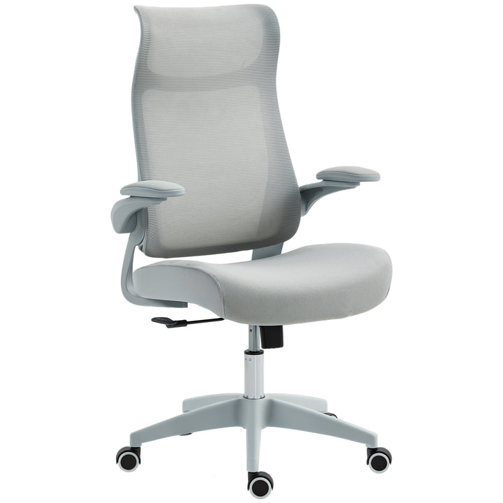 Cadeira de Escritório Ergonómica Cadeira de Escritório Giratória com Suporte Lombar e Apoios de Braços 3D Dobráveis Apoio de Cabeça Integrado Função de Basculante e Altura Ajustável 64x65x108-118 cm Cinzento