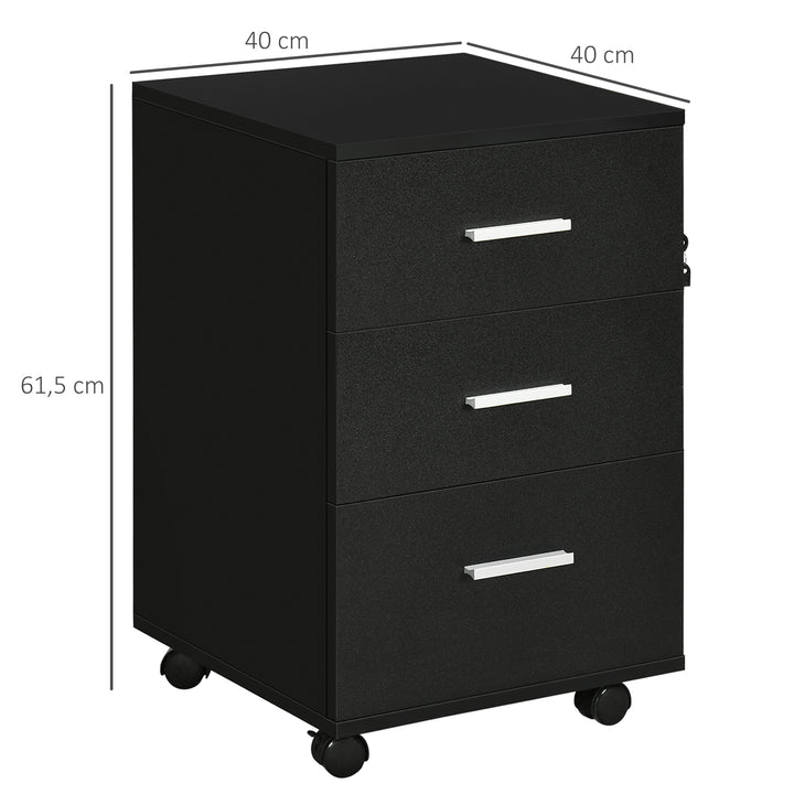 Bloco de Gavetas para Escritório Móvel de Arquivos com 3 Gavetas 4 Rodas e Fechadura com 2 Chaves para Escritório Secretária Casa 40x40x61,5 cm Preto
