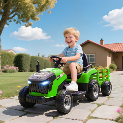 Trator Elétrico para Crianças com Reboque Desmontável Bateria 12V Velocidade 3-5 km/h Controle Remoto 2,4G Música Buzina para Crianças de 3-8 Anos 139x58x55 cm Verde