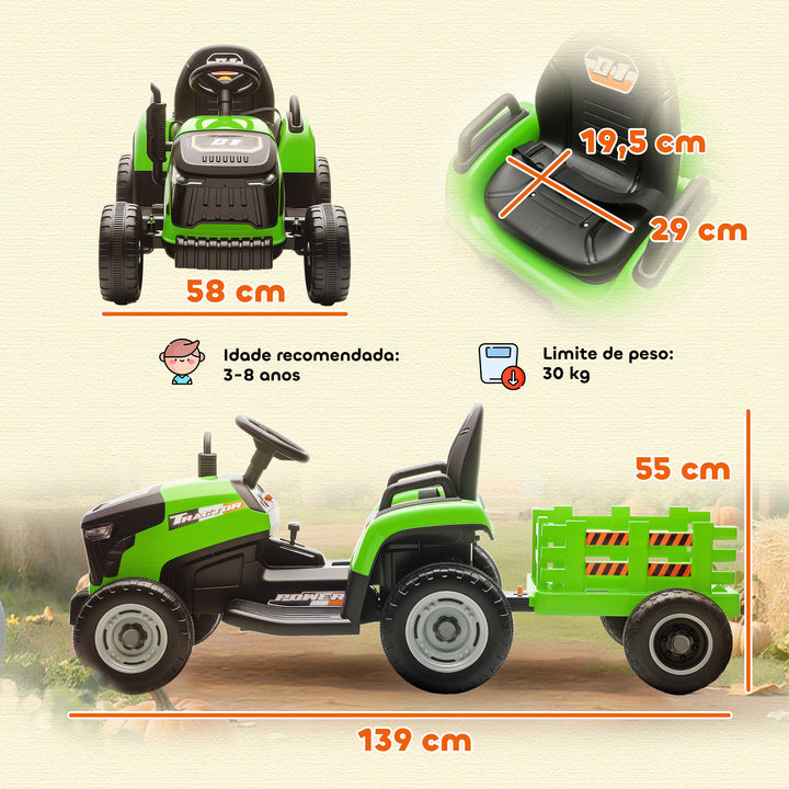 Trator Elétrico para Crianças com Reboque Desmontável Bateria 12V Velocidade 3-5 km/h Controle Remoto 2,4G Música Buzina para Crianças de 3-8 Anos 139x58x55 cm Verde