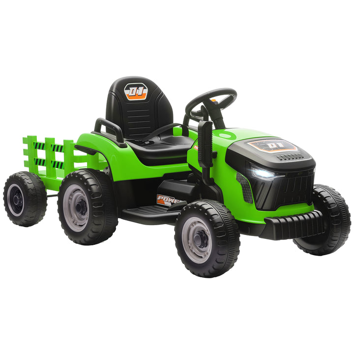 Trator Elétrico para Crianças com Reboque Desmontável Bateria 12V Velocidade 3-5 km/h Controle Remoto 2,4G Música Buzina para Crianças de 3-8 Anos 139x58x55 cm Verde