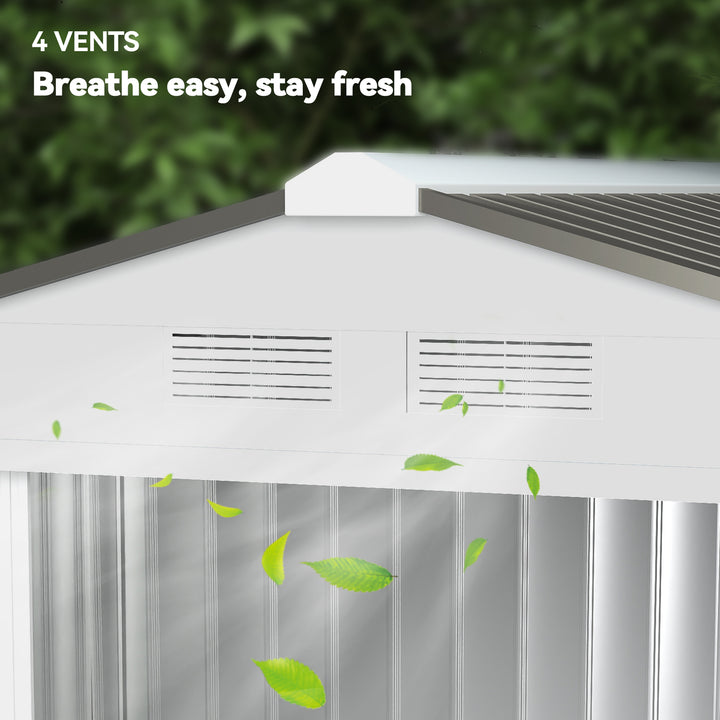 Abrigo de Jardim 213x130x185cm Abrigo de Jardim Metálico de Exterior para Armazenamento de Ferramentas com 2 Portas Deslizantes e 4 Janelas para Terraço Branco e Cinza