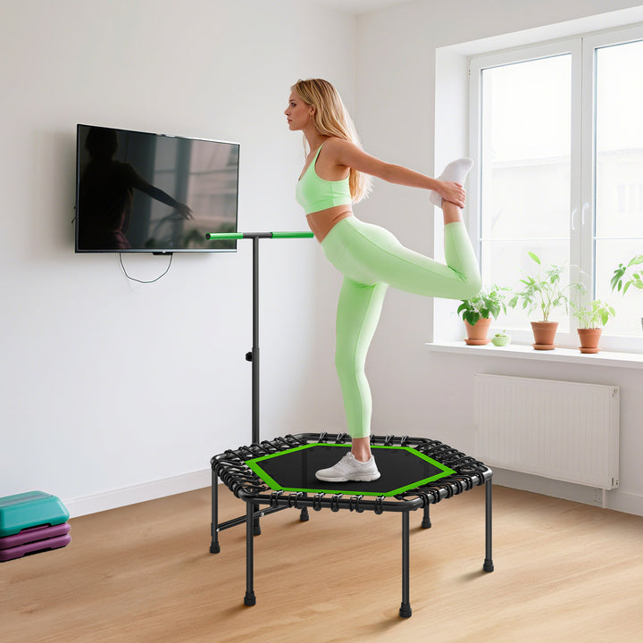 Trampolim Fitness 114x114x132 cm Trampolim Fitness com Guiador Ajustável em 3 Níveis Estrutura de Aço para Treino de Perna Corpo em Casa Escritório Ginásio Verde