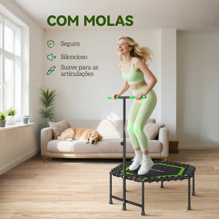 Trampolim Fitness 114x114x132 cm Trampolim Fitness com Guiador Ajustável em 3 Níveis Estrutura de Aço para Treino de Perna Corpo em Casa Escritório Ginásio Verde