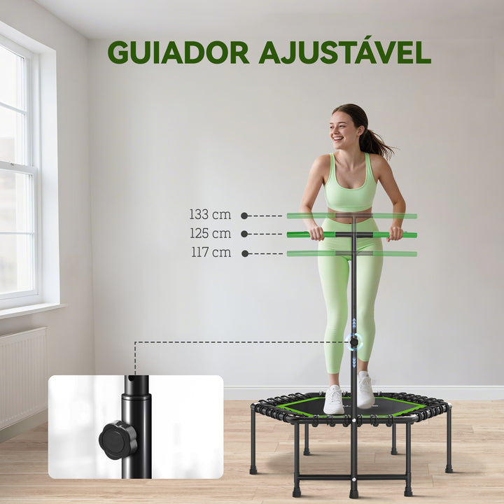 Trampolim Fitness 114x114x132 cm Trampolim Fitness com Guiador Ajustável em 3 Níveis Estrutura de Aço para Treino de Perna Corpo em Casa Escritório Ginásio Verde