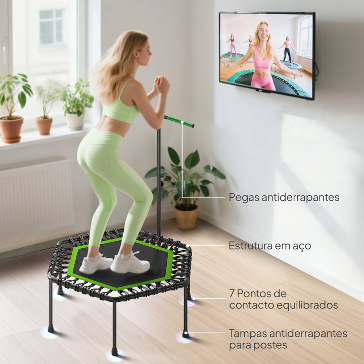 Trampolim Fitness 114x114x132 cm Trampolim Fitness com Guiador Ajustável em 3 Níveis Estrutura de Aço para Treino de Perna Corpo em Casa Escritório Ginásio Verde