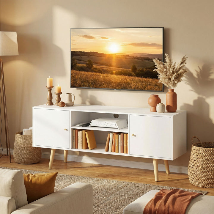 Móvel de TV de Sala de Estar Móvel para Televisores de até 55 Polegadas com 2 Portas 2 Prateleiras de Armazenamento para Escritório Dormitório 120x34x50cm Branco