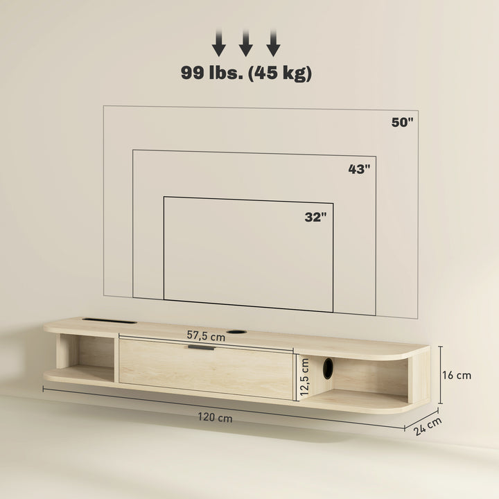 Móvel de TV Suspenso Móvel de TV para Sala com Gaveta Rebatível 2 Prateleiras Abertas Orifício para Cabos Estilo Moderno para Televisão 50 Polegadas 120x24x16 cm Madeira