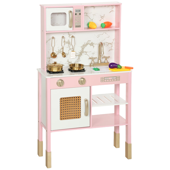 Cozinha de Brincar em Madeira com Som Cozinha Infantil com Acessórios em Aço Inoxidável Micro-Ondas Forno Lava-Loiças Legumes para Cortar para Crianças a Partir de 3 Anos 55x24x96 cm Rosa