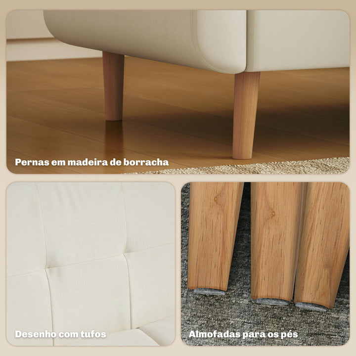 Sofá de 2 Lugares Sofá Estofado em Linho Sintético Sofá Sala de Estar com Apoio para os Braços e Pés de Madeira Sofá Pequeno Carga 250 kg 138,5x70x75 cm Creme