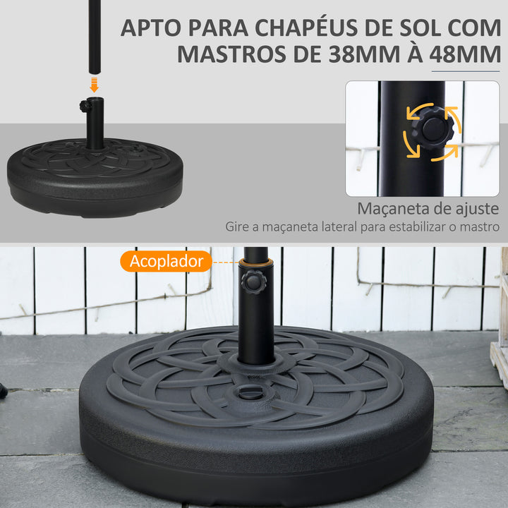 Base para Chapéu de Sol de PE Redonda Suporte para Chapéu de Sol 2,5kg Apto para Mastros de 38mm/48mm Preenchível com Areia 35kg e Água 25L Ø56x30,5cm Preto