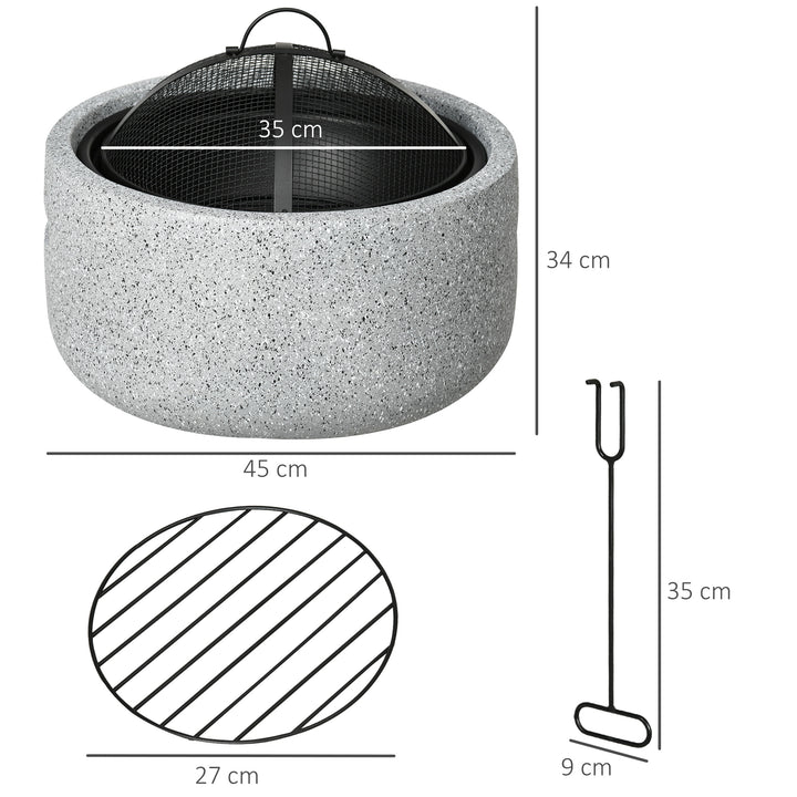 Brasero Exterior Redondo Brasero para Jardim com Atizador Protetor de Faíscas Grade e Pegador para Varanda Campismo Ø45x34 cm Cinzento