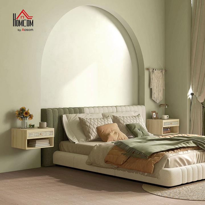 Conjunto de 2 Mesas de Cabeceiras Suspensas Mesas de Cabeceira com Compartimento Aberto e Gaveta com Frente em Vime Mesas de Cabeceira para Dormitório 40x34x23 cm Madeira