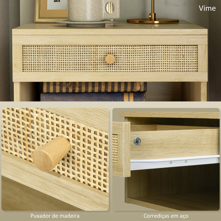 Conjunto de 2 Mesas de Cabeceiras Suspensas Mesas de Cabeceira com Compartimento Aberto e Gaveta com Frente em Vime Mesas de Cabeceira para Dormitório 40x34x23 cm Madeira