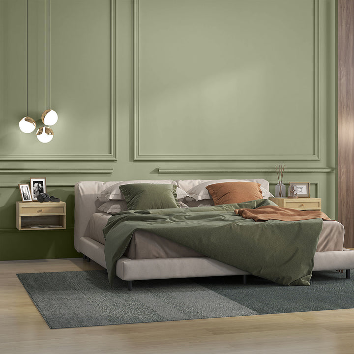 Conjunto de 2 Mesas de Cabeceiras Suspensas Mesas de Cabeceira com Compartimento Aberto e Gaveta com Frente em Vime Mesas de Cabeceira para Dormitório 40x34x23 cm Madeira