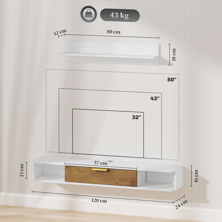 Conjunto de Móveis de Sala, Móvel de TV com Prateleira de Parede, Porta, Prateleiras Abertas, Orifícios para Cabos, para Televisão de Parede, 120x24x16 cm, Branco