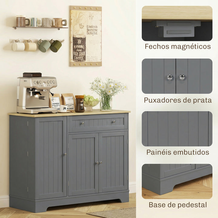 Aparador de Cozinha Armário de Cozinha com 3 Prateleiras de Porta 1 Gaveta Prateleiras Ajustáveis Aparador para Sala de Jantar 105x40x83 cm Cinzento