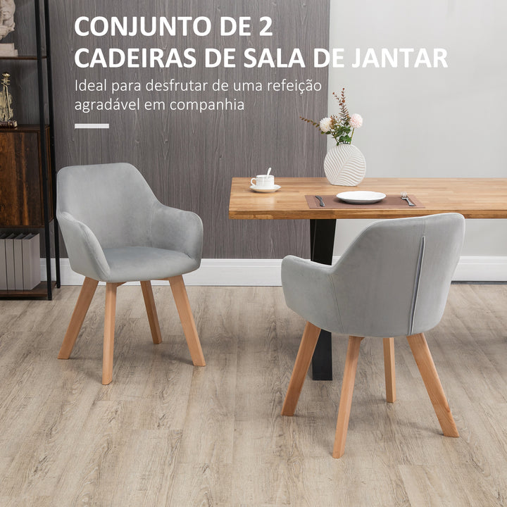 Conjunto de 2 Cadeiras de Sala de Jantar Modernas Cadeiras de Cozinha Estofadas em Veludo com Encosto Médio e Pés de Madeira de Borracha para Sala de Estar Carga 120kg 54x57x80cm Cinza