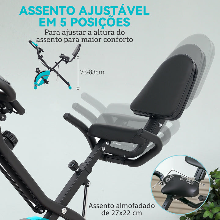 Bicicleta Estática Dobrável com Resistência Magnética de 8 Níveis Bicicleta Estática Dobrável com Encosto Volante Ecrã LCD e Banda de Resistência Carga 110 kg 43x97x109 cm Verde