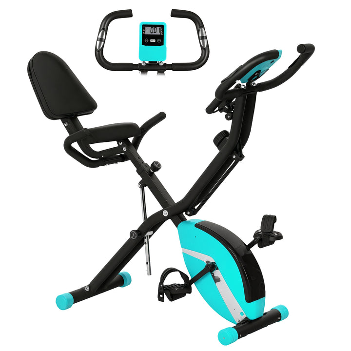 Bicicleta Estática Dobrável com Resistência Magnética de 8 Níveis Bicicleta Estática Dobrável com Encosto Volante Ecrã LCD e Banda de Resistência Carga 110 kg 43x97x109 cm Verde
